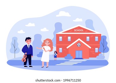 Young musicians talking before concert at music school. Male and female pupils in official outfits, holding violin and pipe, standing outside flat vector illustration. Performance, preparation concept