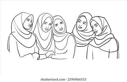 Young muslim 5 womans in burqa, continuous line art drawing. Emirati Women's Day. Womans in a hijab. Vector illustration isolated on white background
