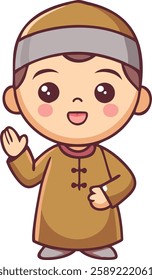 A young Muslim boy in brown Islamic attire stands with a joyful and grateful expression, emphasizing kindness and spirituality in Ramadan. The vibrant cartoon style makes it ideal for Islamic-themed.