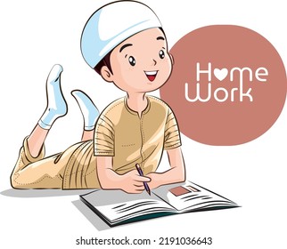 
Young muslim boy doing his homework happily.Vector cartoon.