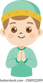 A young Muslim boy in a green hat places his hands together, reflecting respect, kindness, and peace in the spirit of Ramadan. The simple cartoon style adds to its warmth and innocence.