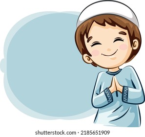 Young muslim boy greeting. Vector cartoon.