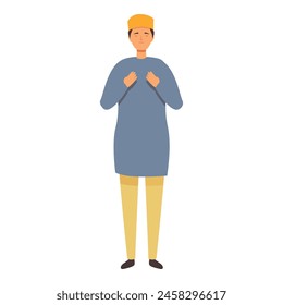 Young muslim boy pray icon cartoon vector. Belief in love. Greeting respect