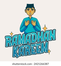 Young muslim boy praying with ramadan kareem hand lettering