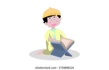 Young Muslim boy reading the quran, wearing yelow shirt. Sitting and Reading the quran. vector illustration, perfect for additional character on web, brochure, and advertising.