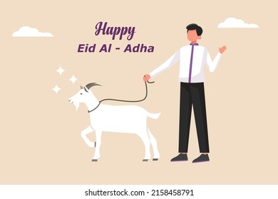 Young muslim boy  take a white goat for sacrifice. Happy Eid Al Adha. Vector illustration for Eid greeting card, banner and poster. 