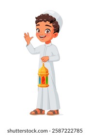 Young Muslim boy wearing a cap and holding a lantern celebrating Ramadan. Eid Mubarak vector illustration isolated on white background.