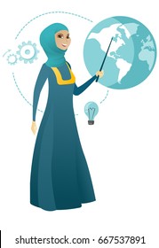 Young muslim business woman standing in front of globe. Full length of business woman pointing at a globe. Concept of global business. Vector cartoon illustration isolated on white background.