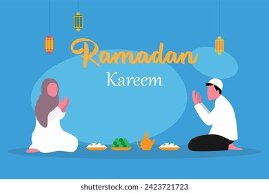 Young muslim couple praying together before break fasting in Ramadhan holy month flat 2d vector illustration
