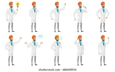 Young muslim doctor set. Doctor pointing at light, bulb, singing into a microphone, standing under question marks, listening music. Set of vector flat design illustrations isolated on white background