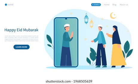 Young muslim family and man in turban video conferencing for the Eid Mubarak or Eid ul Fitr greetings. Flat cartoon vector illustration design. Website template