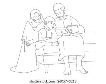 young muslim family reading quran during ramadan