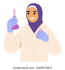 
young Muslim female researcher carrying a chemical bottle
