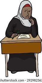 Young Muslim female student struggling with test at desk