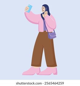 Young Muslim Girl doing Video Call in Modern Vector Flat Style