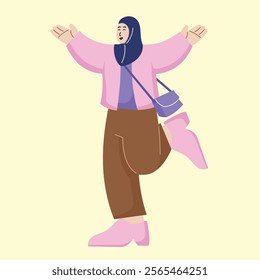Young Muslim Girl Feeling Happy in Modern Vector Flat Style