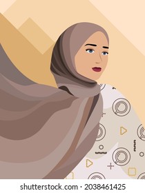 Young Muslim girl in hijab. Modern portrait of an Arab woman dressed in on-trend Memphis elements. Banner for International Women's Day, social media template. Stock vector illustration in flat style.