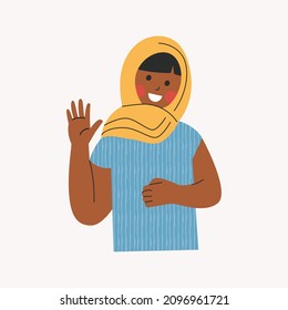 Young Muslim Girl In Hijab Is Showing Hi Hello Gesture. Cute Islamic Toddler Avatar. Little Child Waving With Hand And Saying Hello. Portrait Of Smiling Kid. Flat Vector Cartoon Isolated Illustration