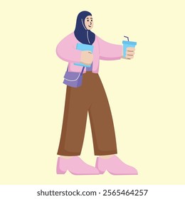 Young Muslim Girl Holding Drink in Modern Vector Flat Style