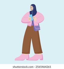 Young Muslim Girl Holding Phone in Modern Vector Flat Style