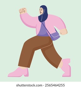 Young Muslim Girl Running in Modern Vector Flat Style