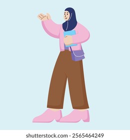 Young Muslim Girl Say Hallo in Modern Vector Flat Style