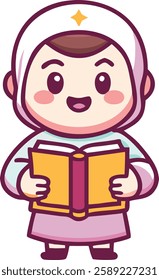 A young Muslim girl in a soft pink hijab holds the Quran with a warm smile, reflecting faith and spirituality during Ramadan. The charming cartoon style adds a touch of innocence and serenity.