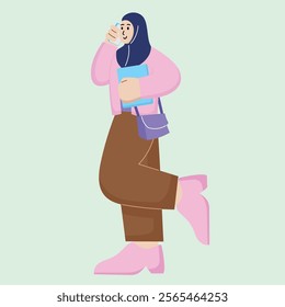 Young Muslim Girl Talking on the Phone in Modern Vector Flat Style