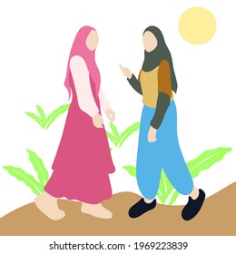 Young Muslim Girl Wearing Casual Hijab Vector Cartoon Flat Illustration