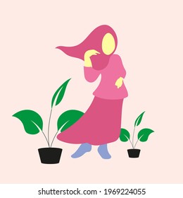 Young Muslim Girl Wearing Casual Hijab Vector Cartoon Flat Illustration