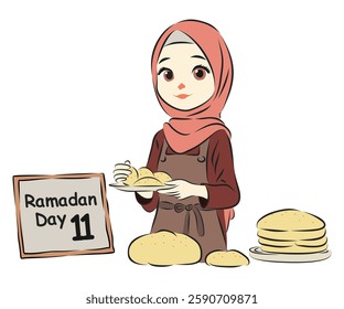 Young Muslim girl wearing a hijab and an apron, happily making bread.