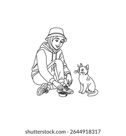 Young Muslim girl wearing hijab, hoodie, and bucket hat sits on sidewalk feeding a cat.Sporty hijabi girl in casual outfit and bucket hat feeding a cat outdoors.iIllustration of Muslim woman in hoodie