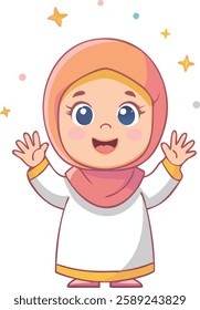 A young Muslim girl in a white dress and an orange hijab waves with a bright smile, celebrating Ramadan.