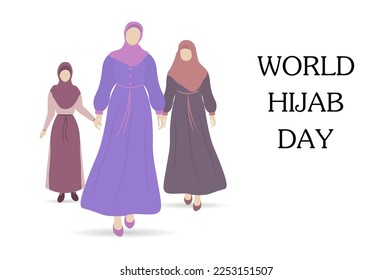 Young Muslim girls in traditional clothes and hijab. World hijab day greeting card. Flat vector illustration isolated on white background.