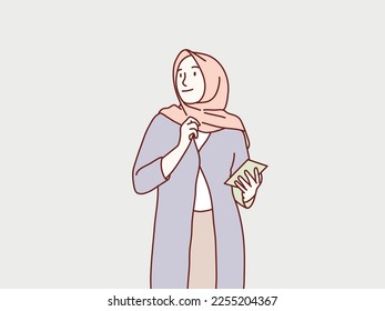 Young muslim hijab woman looking for ideas taking notes on paper standing simple korean style illustration