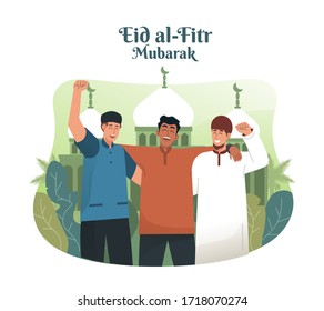 Young Muslim Man Embrace His Friends And Celebrating Eid Mubarak