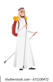 Young muslim man hiker walking with trekking sticks. Man hiker holding trekking sticks. Man backpacker hiking with trekking sticks. Vector flat design illustration isolated on white background.