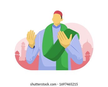 young muslim man praying illustration. ramadan mubarak 1441 H. Holy month template arabian character wearing culture outfit. flat design style for ui, greeting card, etc.