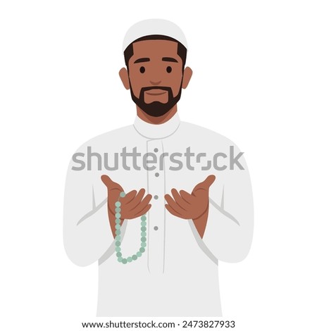 Young muslim man praying while holding rosary beads. Flat vector illustration isolated on white background