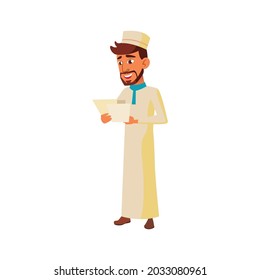 junger Muslim Mann, der Dokument Papier Cartoon Vektor. junger Mulim, der den Charakter von Dokumenten liest. einzelne Cartographie