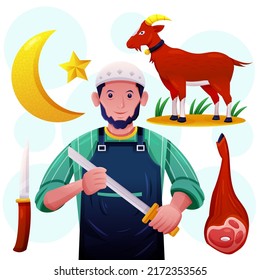 Young Muslim man selling goat meat holding knife with goat meat slaughtered in cartoon character, vector illustration