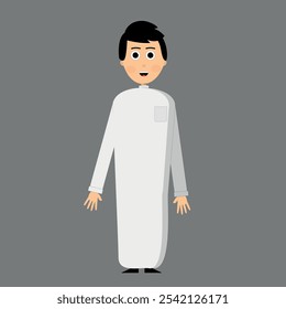 A young Muslim man wearing a white robe