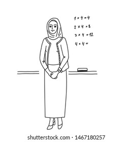 A young Muslim math teacher is standing in front of the class. Back to school. The first day of the school new year. Repetition of the multiplication table. Black and white vector illustration.