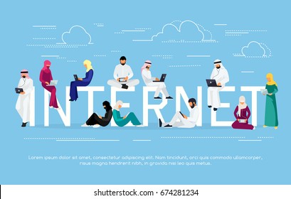 Young Muslim people with tablet pc and laptops are engaged in distance learning on the Internet. Muslim man and woman in traditional arabic clothes read using gadgets. Vector illustration.
