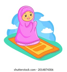 young muslim praying to Allah flat illustration cute muslim girl cartoon