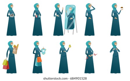 Young muslim pregnant woman set. Pregnant woman showing ultrasound image, holding baby booties, bodysuit, cupcake, shopping bags. Set of vector flat design illustrations isolated on white background.