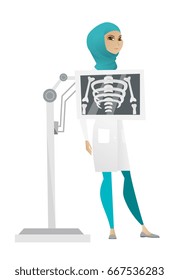 Young muslim roentgenologist doctor during chest x ray procedure. Roentgenologist doctor with x ray screen showing her skeleton. Vector cartoon illustration isolated on white background.
