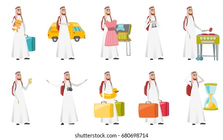 Young muslim traveler man set. Traveler walking with suitcases, drinking cocktail, cooking on barbecue grill, looking at hourglass. Set of vector flat design illustrations isolated on white background