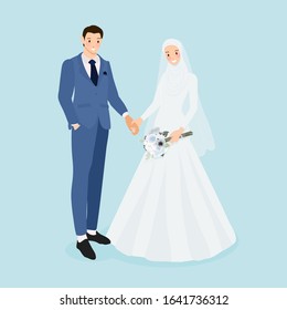 young muslim wedding couple in blue suit wedding dress eps10 vectors illustration