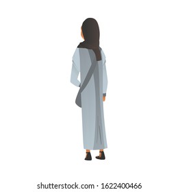 Young muslim woman black skinned, in traditional islamic dress and hijab standing with her back to viewer flat cartoon vector illustration isolated on white background.